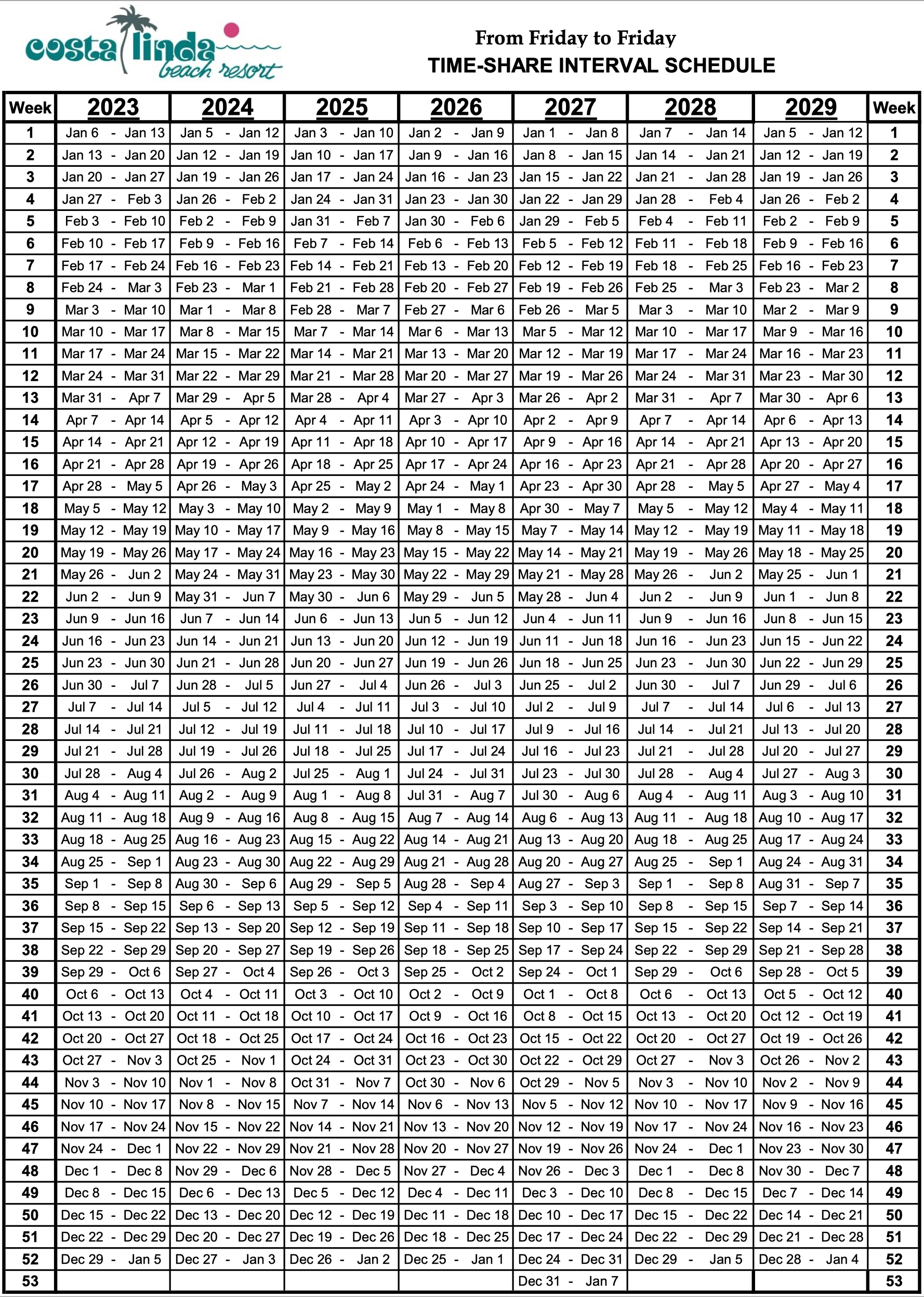 Timeshare calendar - Costa Linda Beach Resort