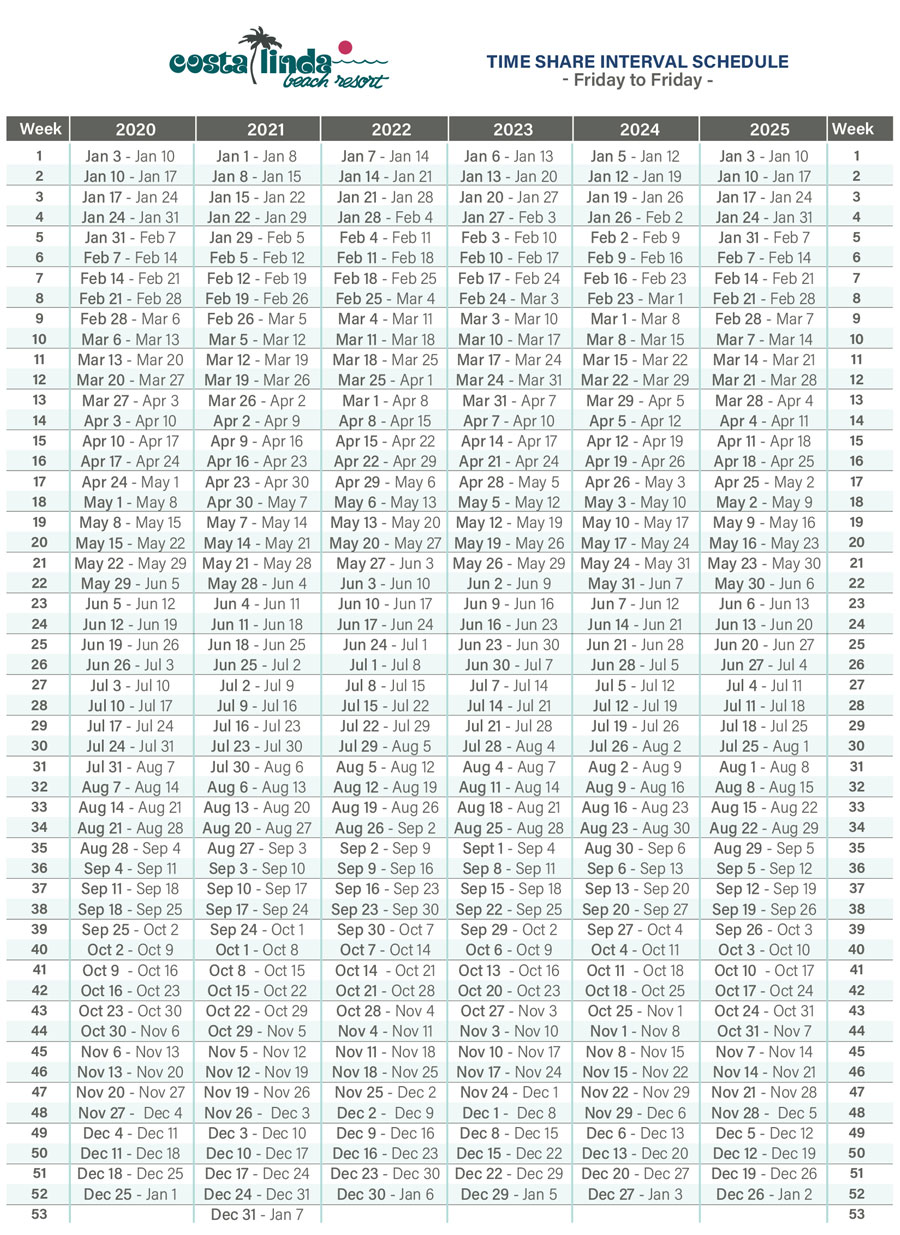 Timeshare calendar Costa Linda Beach Resort